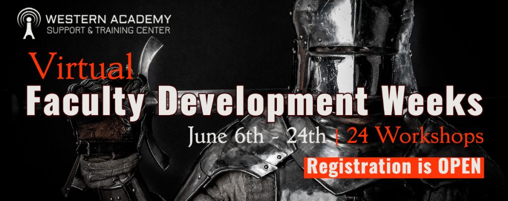 Faculty Dev Weeks Header Graphic with knight in shining armor
